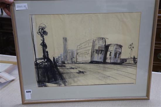 Stephen Wiltshire (1974-), pastel, Study of trams, 36 x 50cm and an artist proof print of Highgate Tube Station, 38 x 48cm